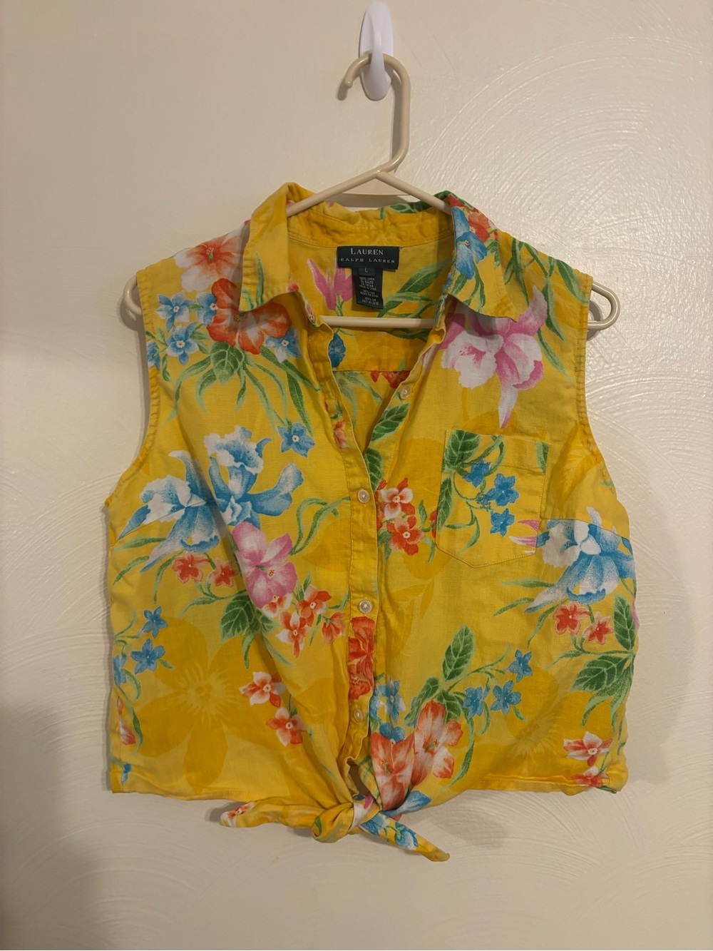 Lauren Ralph Lauren 100% Linen Tropical Floral Tie Front Top L
